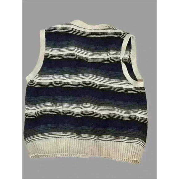 Vintage 1996 Tommy Hilfiger Sweater Vest Mens L Navy Gray Cream Striped READ - Picture 2 of 3